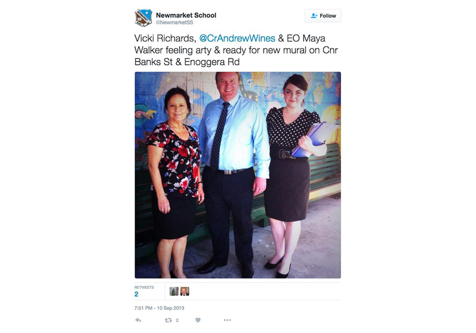 Twitter tweet from Newmarket School featuring Newmarket mural, by Maya Walker