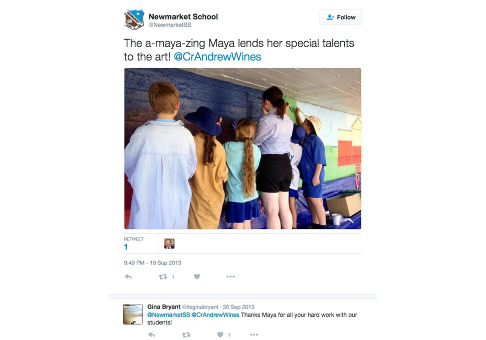Twitter tweet from Newmarket School featuring Newmarket mural, by Maya Walker