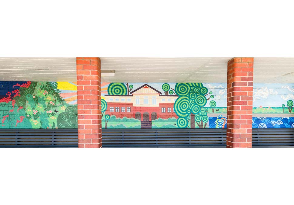 Art, mural painted at bus stop featuring brightly coloured landscape of Newmarket, by Maya Walker