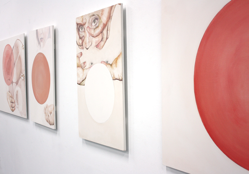 Art, gallery install of 4 paintings from Speculum series