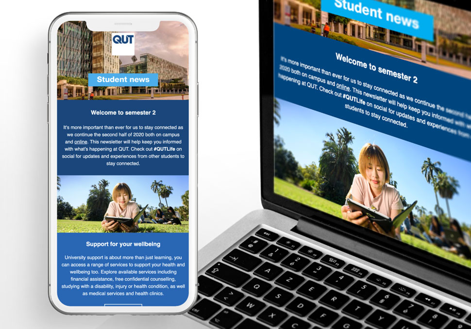 Communication, university student EDM displayed on mobile device and laptop