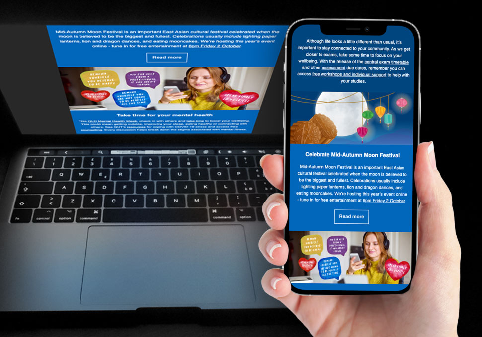 Communication, university student EDM displayed on mobile device and laptop
