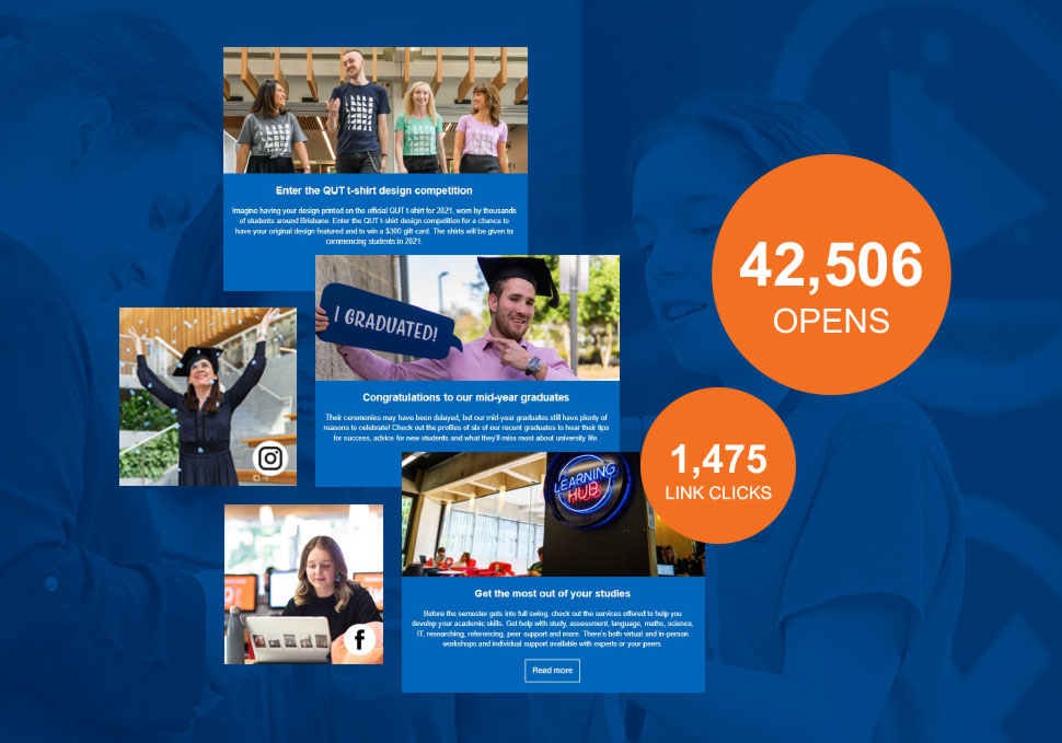 Communication, university student EDM report displaying top stories, opens, and link clicks