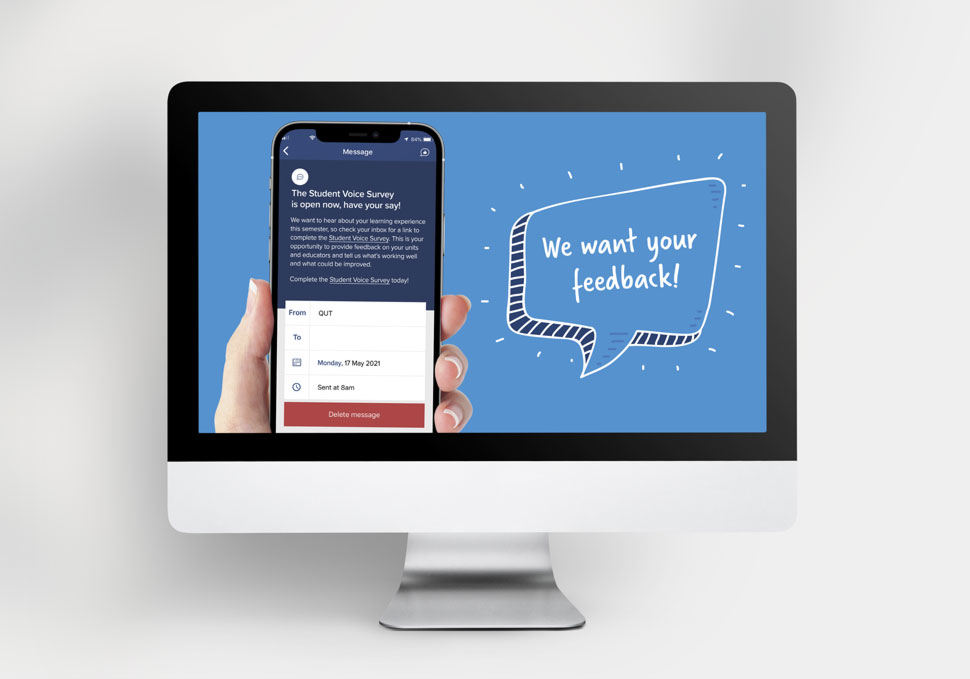 Communication, university student survey communicatinos displayed on iMac, by Maya Walker