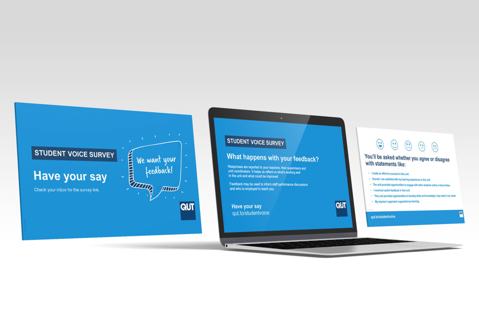 Communication, university student survey PowerPoint presentation displayed on laptop