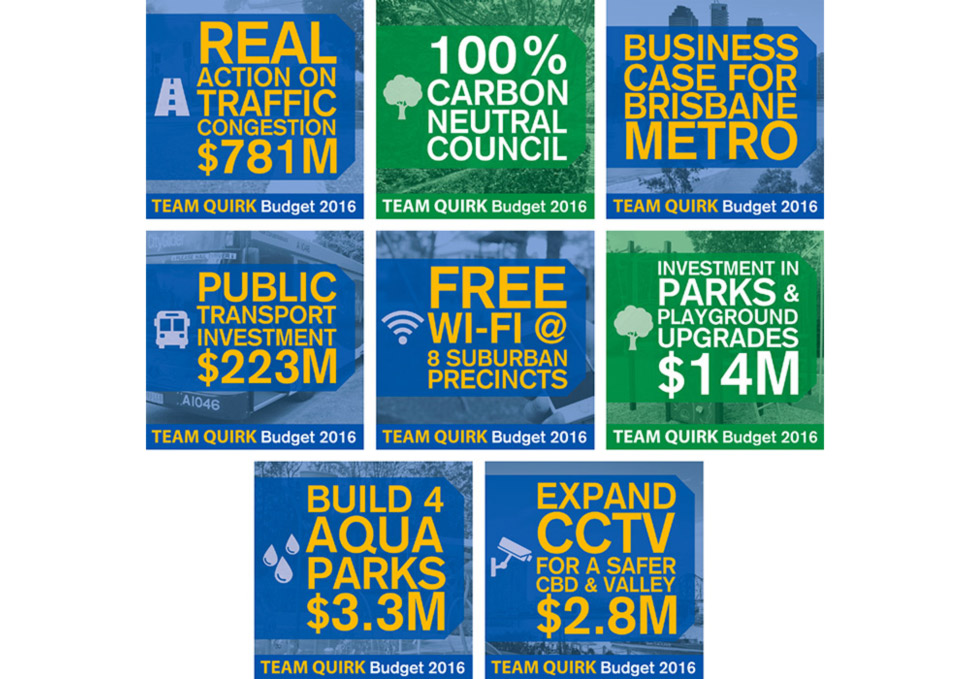 Graphic design, Brisbane City Council Budget 2016 social media shareable thumbnails by Maya Walker
