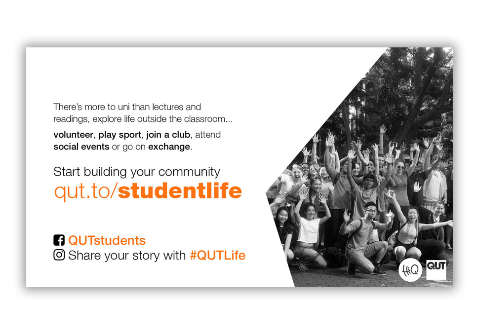 Graphic design, landscape HiQ digital signage 'QUTLife' by Maya Walker