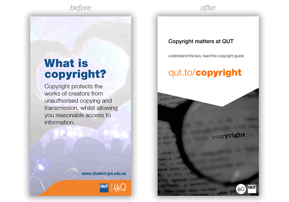 Graphic design, portrait HiQ digital signage before and after redesign 'Copyright' by Maya Walker