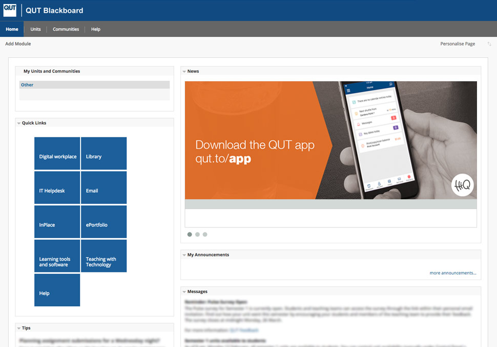 Graphic design, QUT Blackboard website HiQ banner 'Download the QUT app' by Maya Walker
