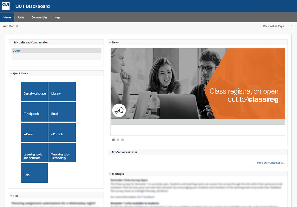 Graphic design, QUT Blackboard website HiQ banner 'Class registration open' by Maya Walker