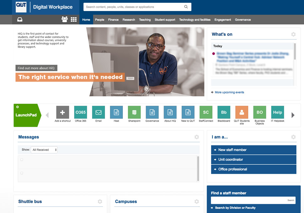 Graphic design, QUT Digital Workplace website HiQ banner 'Find out more about HiQ' by Maya Walker