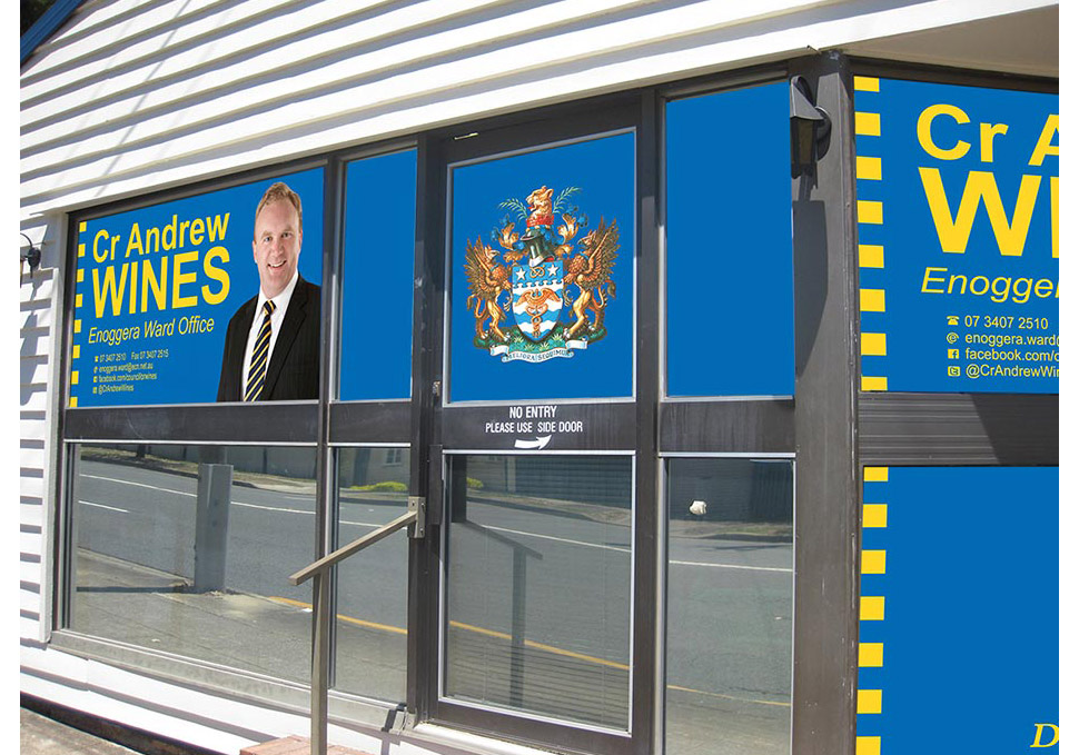 Graphic design, Enoggera Ward Office window signage mockup by Maya Walker