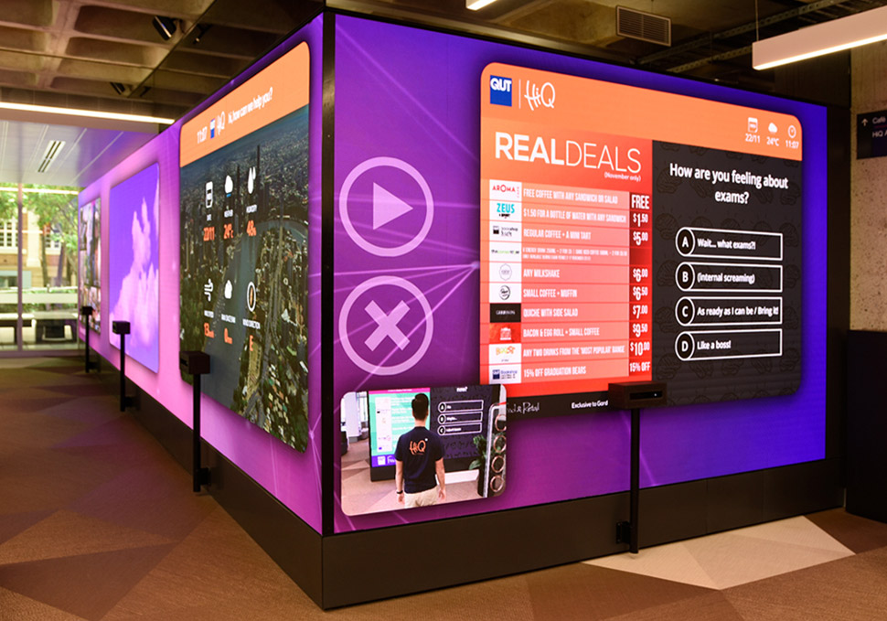 Graphic design, QUT HiQ Gardens Point LED wall with digital content by Maya Walker