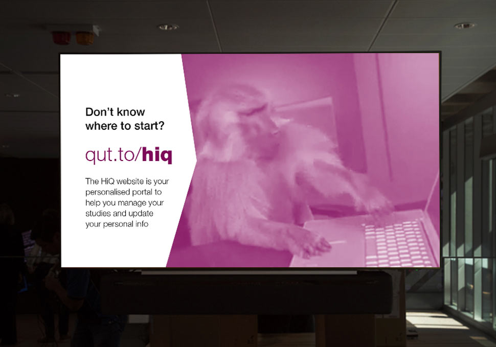 Graphic design, QUT HiQ landscape digital signage with content by Maya Walker