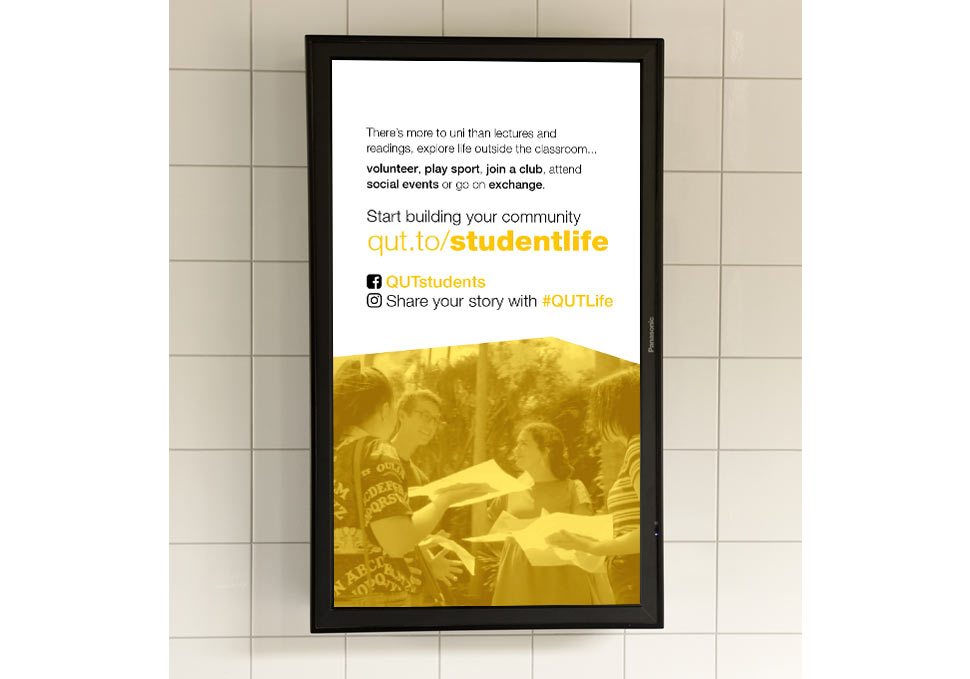 Graphic design, QUT HiQ portrait digital signage with content by Maya Walker