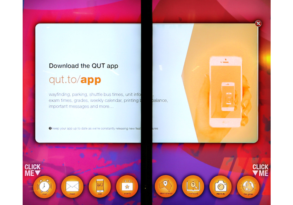 Graphic design, interactive buttons on large touch screen wall at HiQ Kelvin Grove QUT, with digital content by Maya Walker