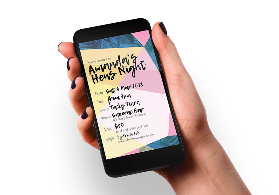 Graphic design, Hen's party digital invitation on iPhone by Maya Walker