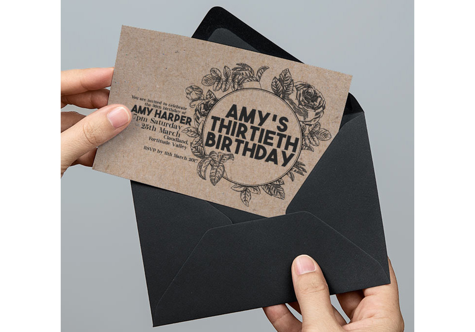 Graphic design, 30th birthday print invitation by Maya Walker