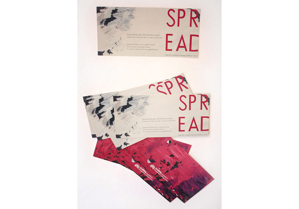 Graphic design, DL print invitations to QCA Graduate Exhibition 2012 front and back by Maya Walker