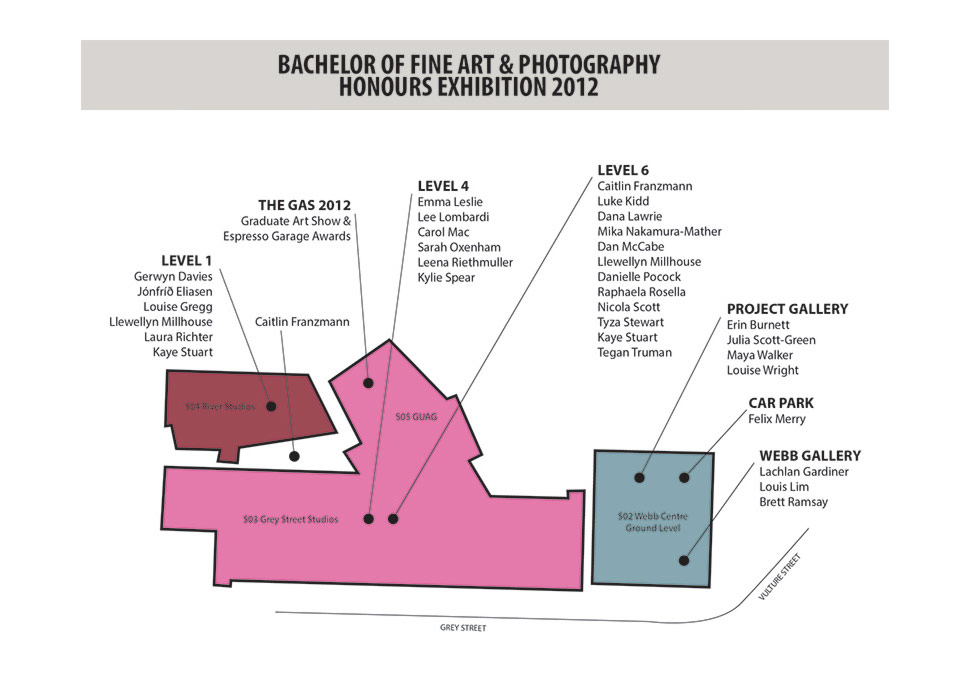 Graphic design, A4 QCA Graduate Exhibition 2012 map by Maya Walker