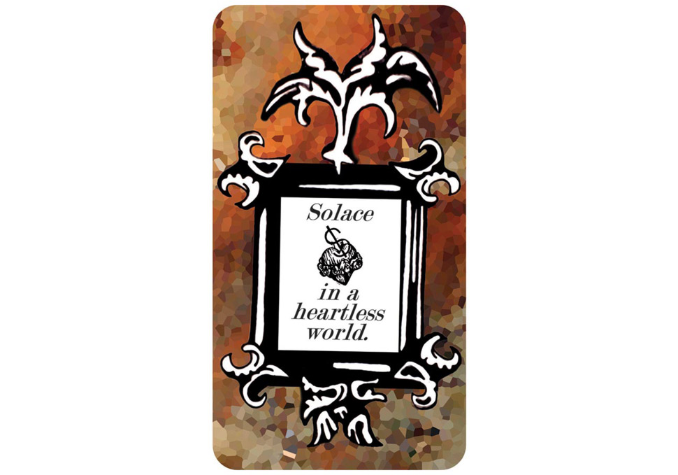 Graphic design, front of card package 'Solace in a heartless world' by Maya Walker