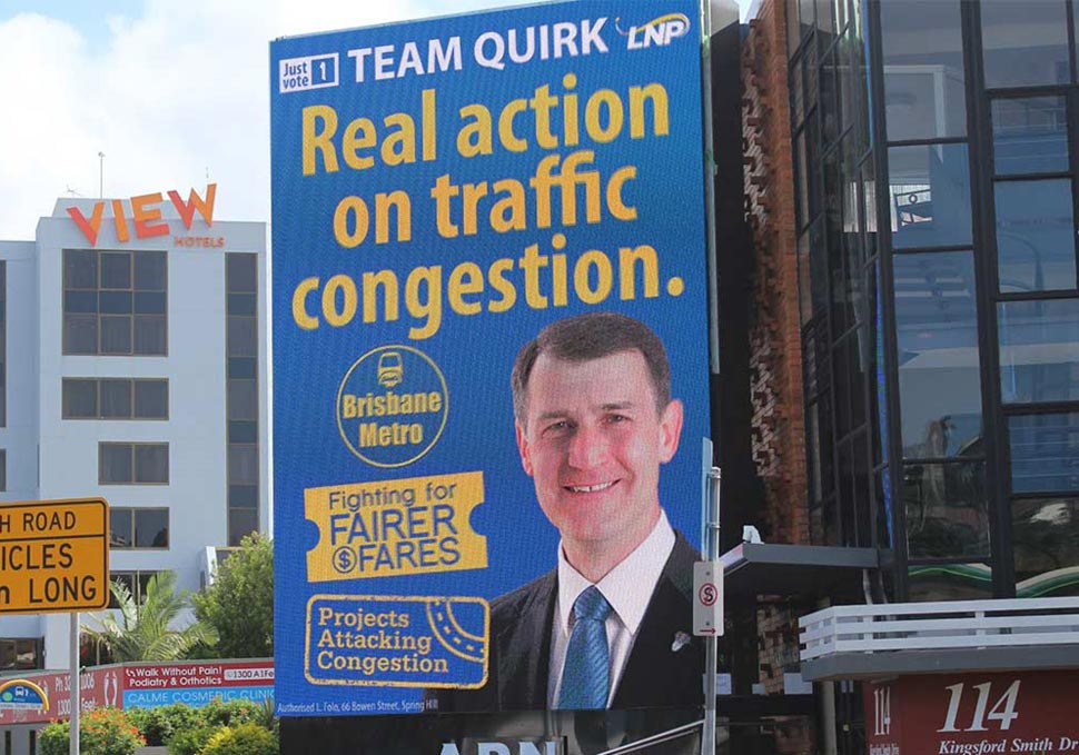 Graphic design, Lord Mayor Graham Quirk digital billboard on Kingsford Smith Drive, Brisbane, by Maya Walker