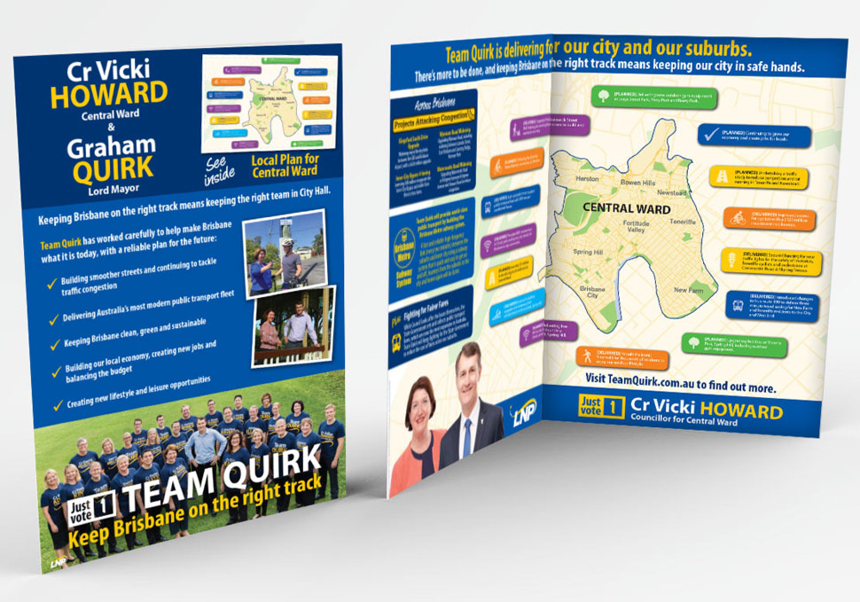 Graphic design, Lord Mayor Graham Quirk A3 newsletter showing front and inside spread by Maya Walker