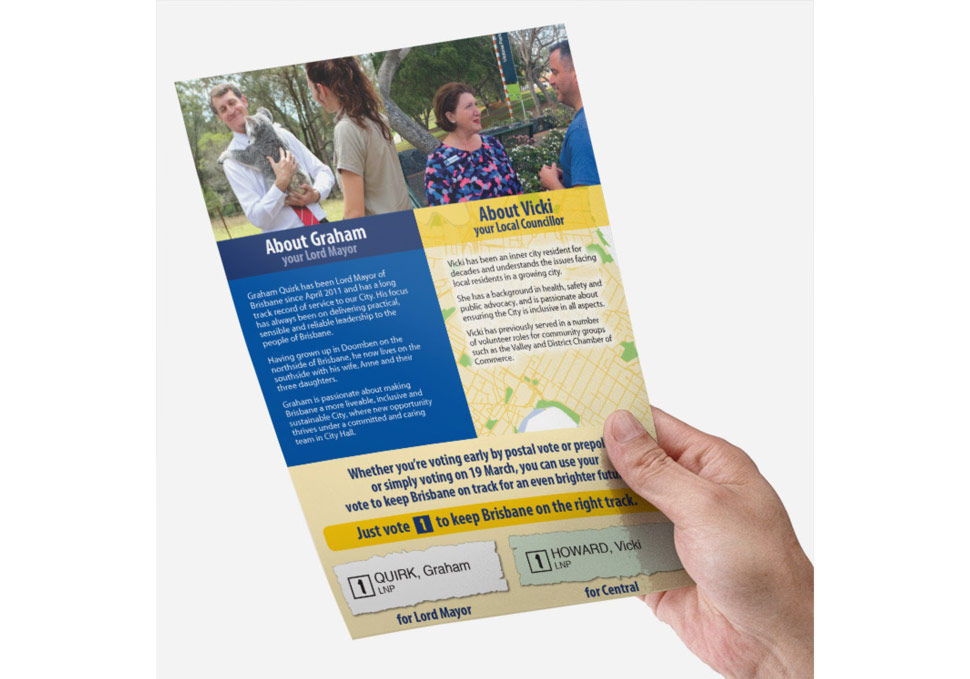 Graphic design, hand holding Lord Mayor Graham Quirk A3 newsletter back page by Maya Walker