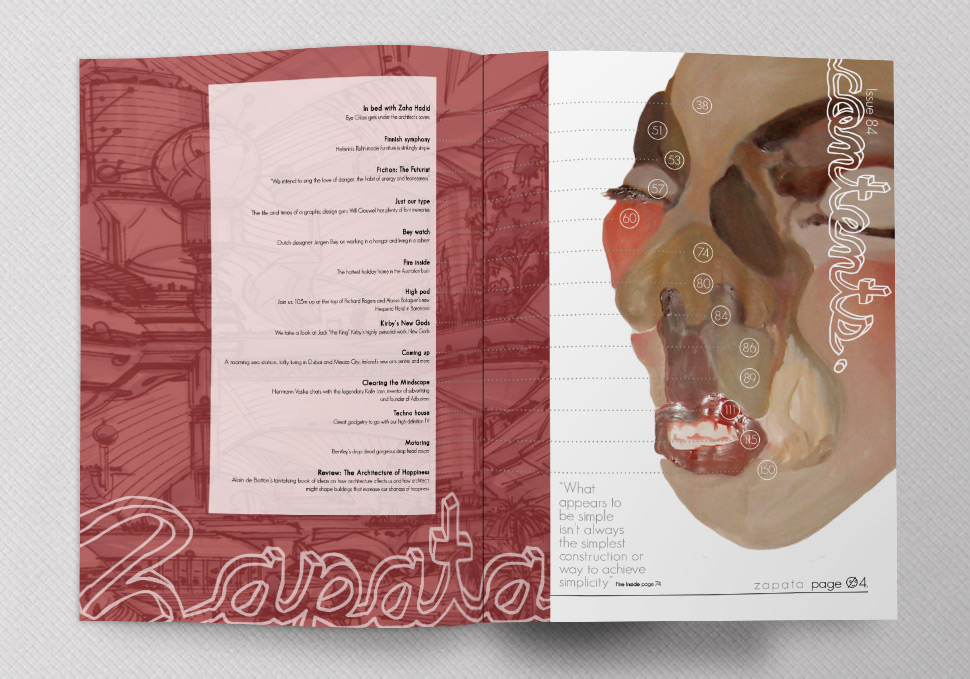 Graphic design, Zapata print magazine spread contents page redesign by Maya Walker